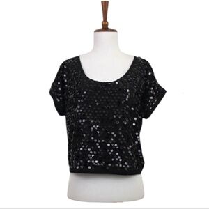 MM Couture Sequin Top Women’s S Black Short Sleeve Scoop‎ Neck Casual Glam